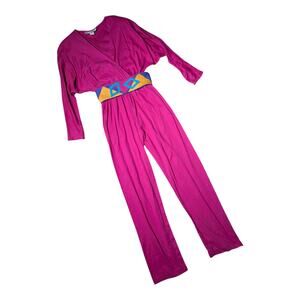 Vtg 1980s Rothschild Pink Cotton Jersey Knit Dolman Sleeve Belted Jumpsuit P XS